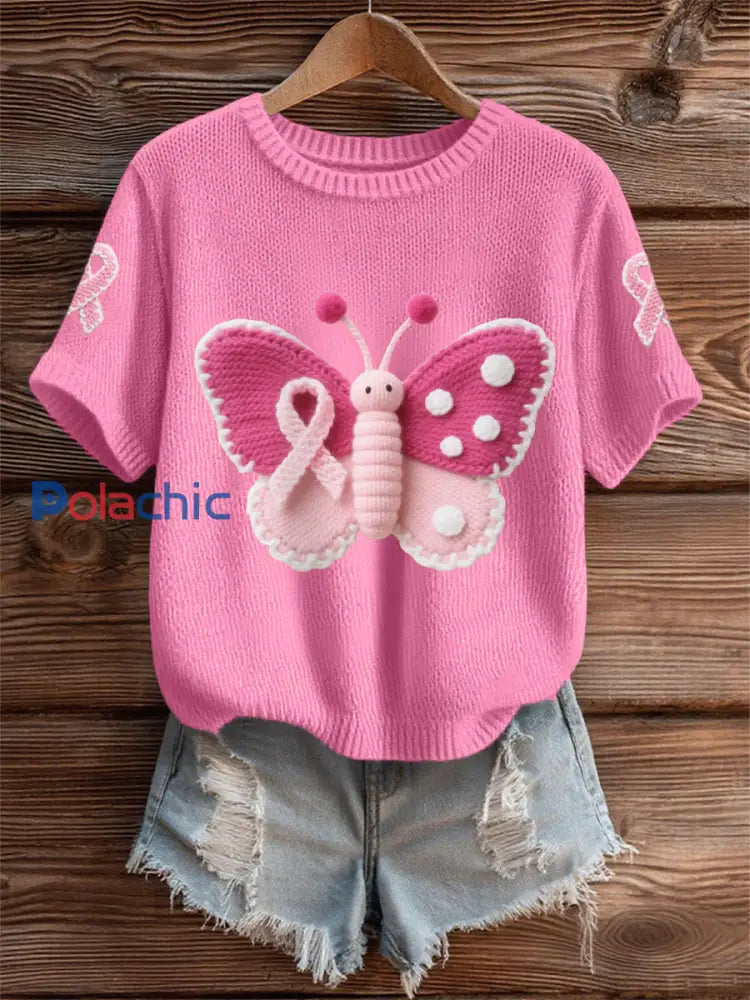 T shirt de soutien de sensibilisation au cancer du sein de ruban rose papillon rose des femmes rose foncé / S