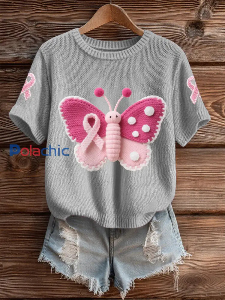 T shirt de soutien de sensibilisation au cancer du sein de ruban rose papillon rose des femmes gris / S