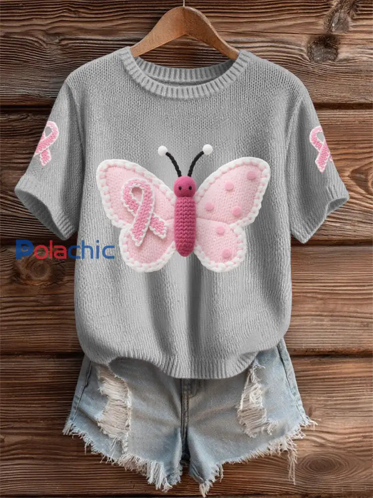 T shirt de soutien de sensibilisation au cancer du sein de ruban rose papillon rose des femmes gris / S