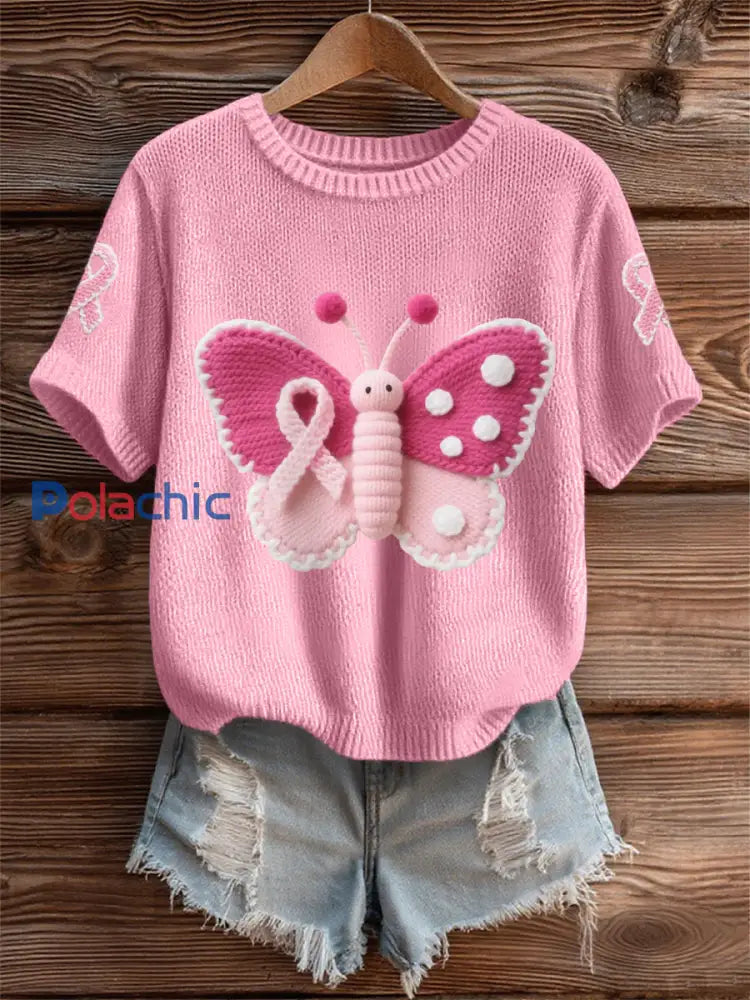 T shirt de soutien de sensibilisation au cancer du sein de ruban rose papillon rose des femmes rose / S