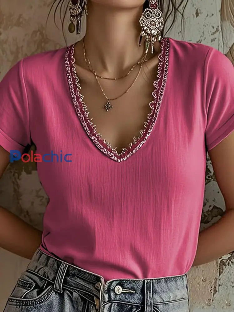 T shirt décontracté à col en V en dentelle pour femmes Rose Rouge / S