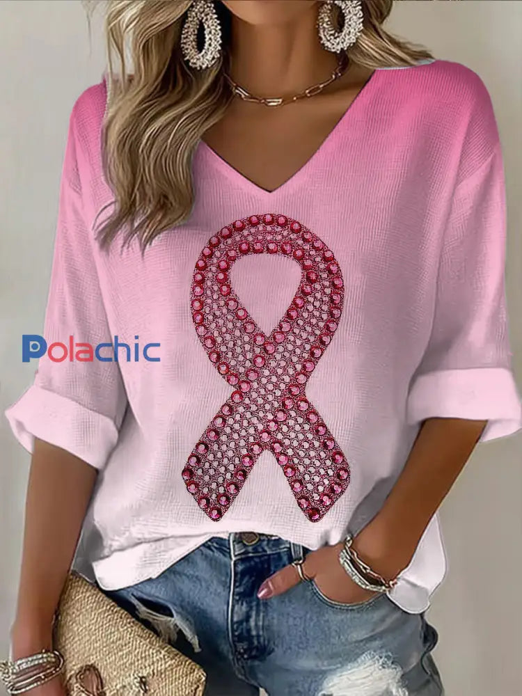 T shirt décontracté à col en V imprimé à manches mi longues pour femmes Rose / S