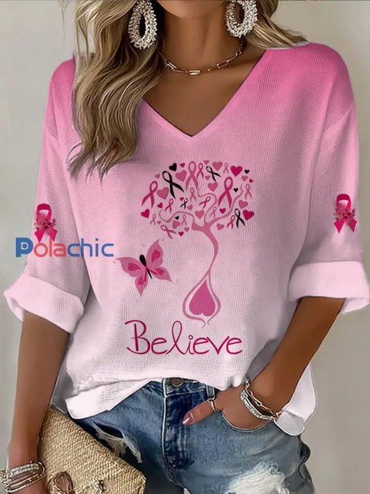 T shirt décontracté à col en V imprimé à manches mi longues pour femmes Rose / S