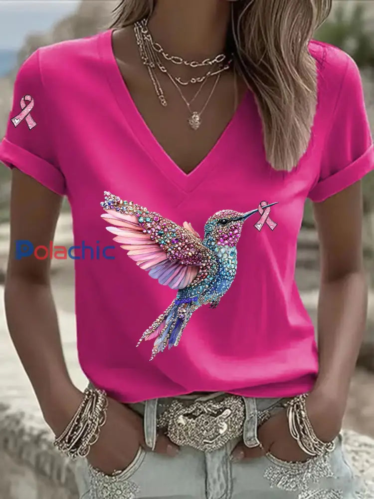 T shirt décontracté à col en V à imprimé ruban rose pour femmes Rose Rouge / S