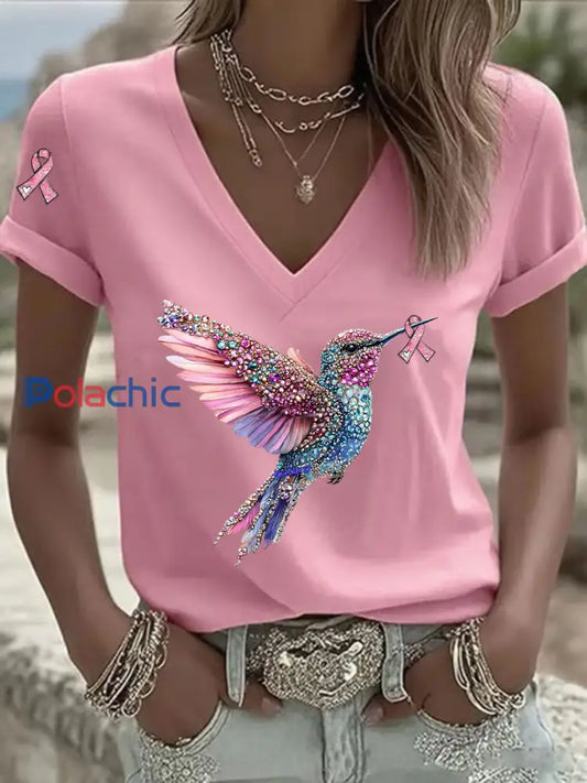 T shirt décontracté à col en V à imprimé ruban rose pour femmes Rose / S