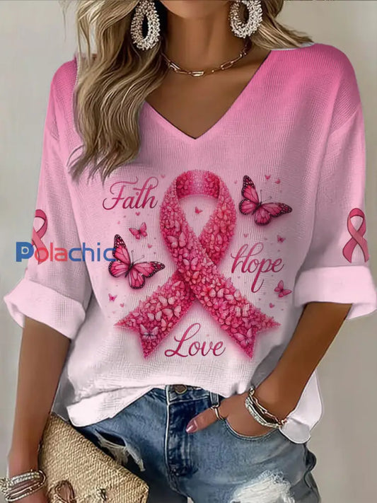 T shirt décontracté à col en V à manches mi longues pour femmes avec fleur de cancer du sein imprimé papillon Rose / S