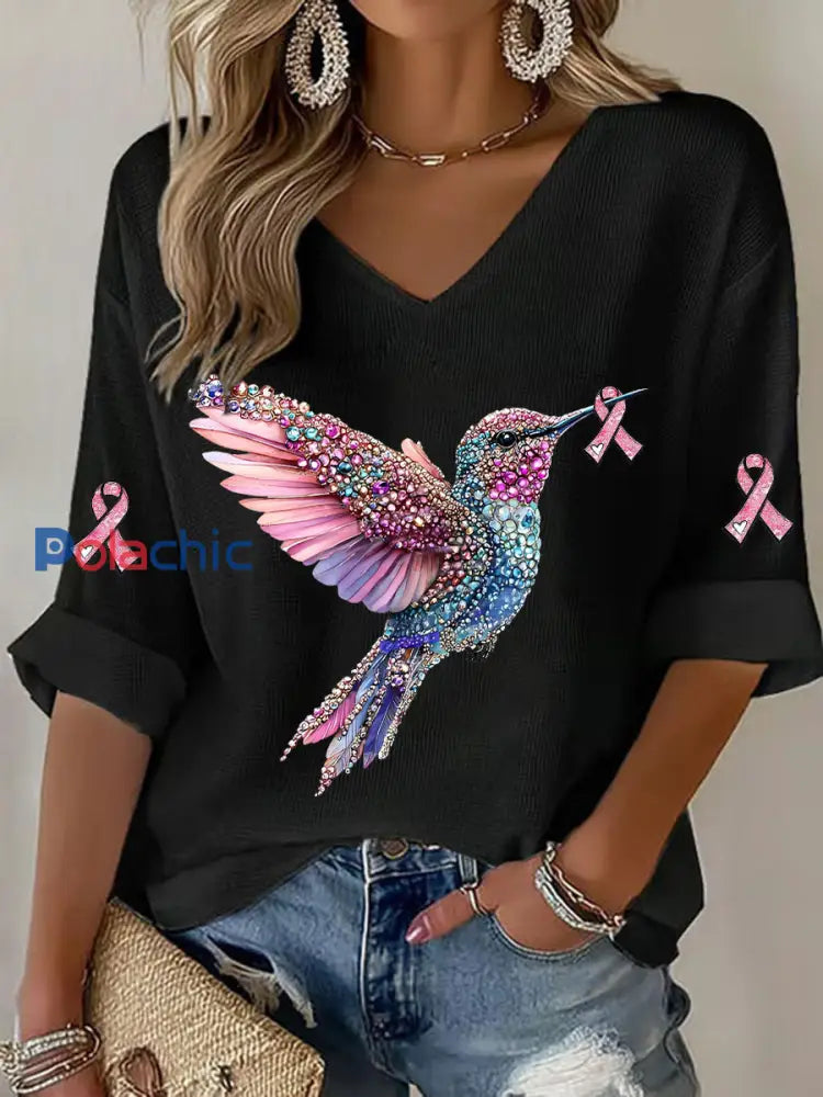 T-shirt décontracté à imprimé de colibri pour femmes Noir / S