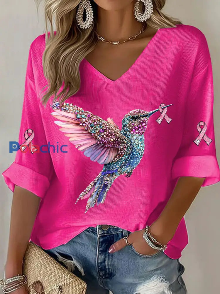 T-shirt décontracté à imprimé de colibri pour femmes Rose Rouge / S