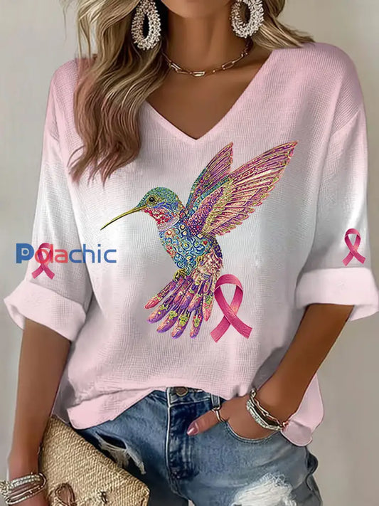 T-shirt décontracté à imprimé de colibri pour femmes Rose / S