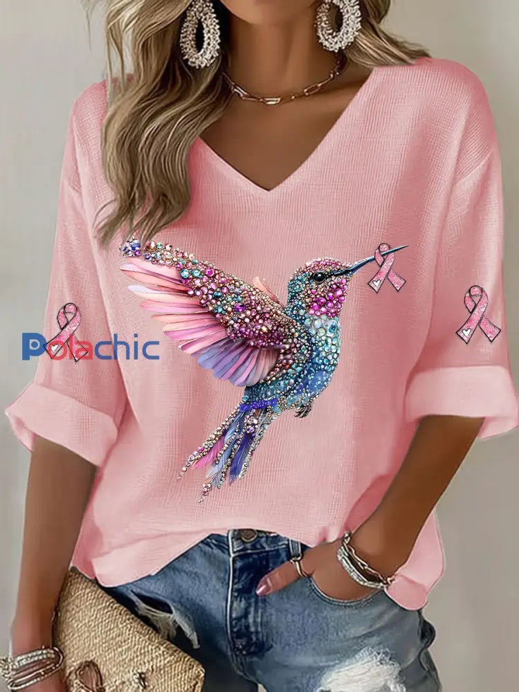 T-shirt décontracté à imprimé de colibri pour femmes Rose / S