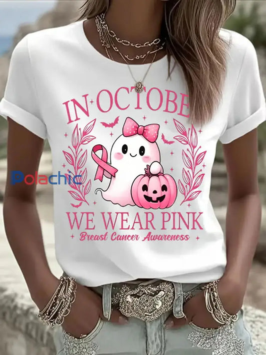 T shirt décontracté à imprimé fantôme rose In october We Wear pour femme Blanc / S