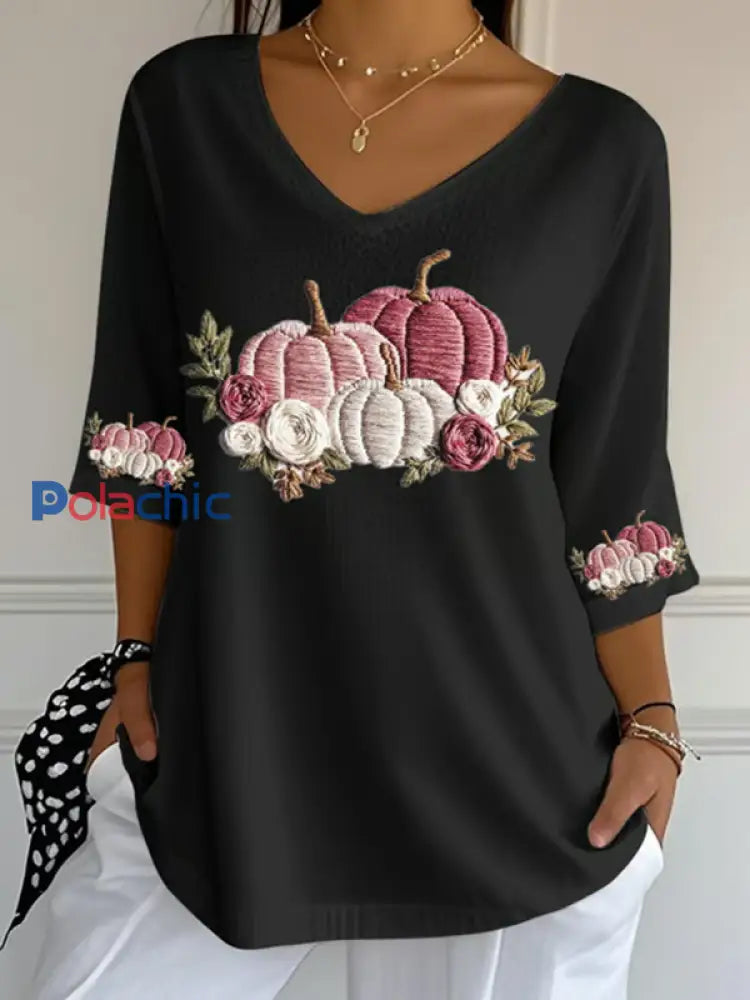 T-shirt décontracté à imprimé floral Cancer du sein pour femmes Noir / S