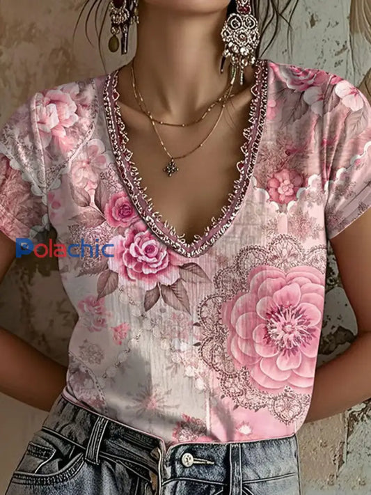 T shirt décontracté à imprimé floral rose pour femme Rose / S