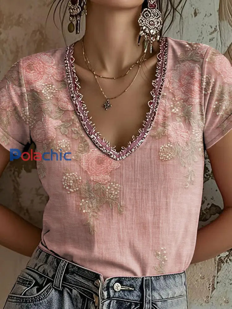 T shirt décontracté à imprimé floral rose pour femme Rose / S