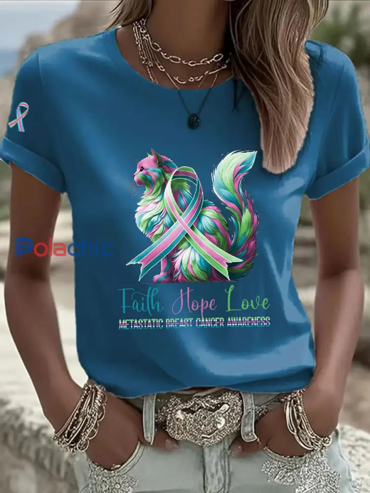 T shirt décontracté à imprimé métastatique pour femmes Bleu / S