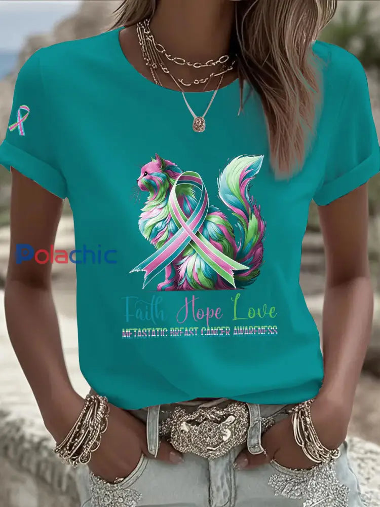 T shirt décontracté à imprimé métastatique pour femmes Turquoise / S