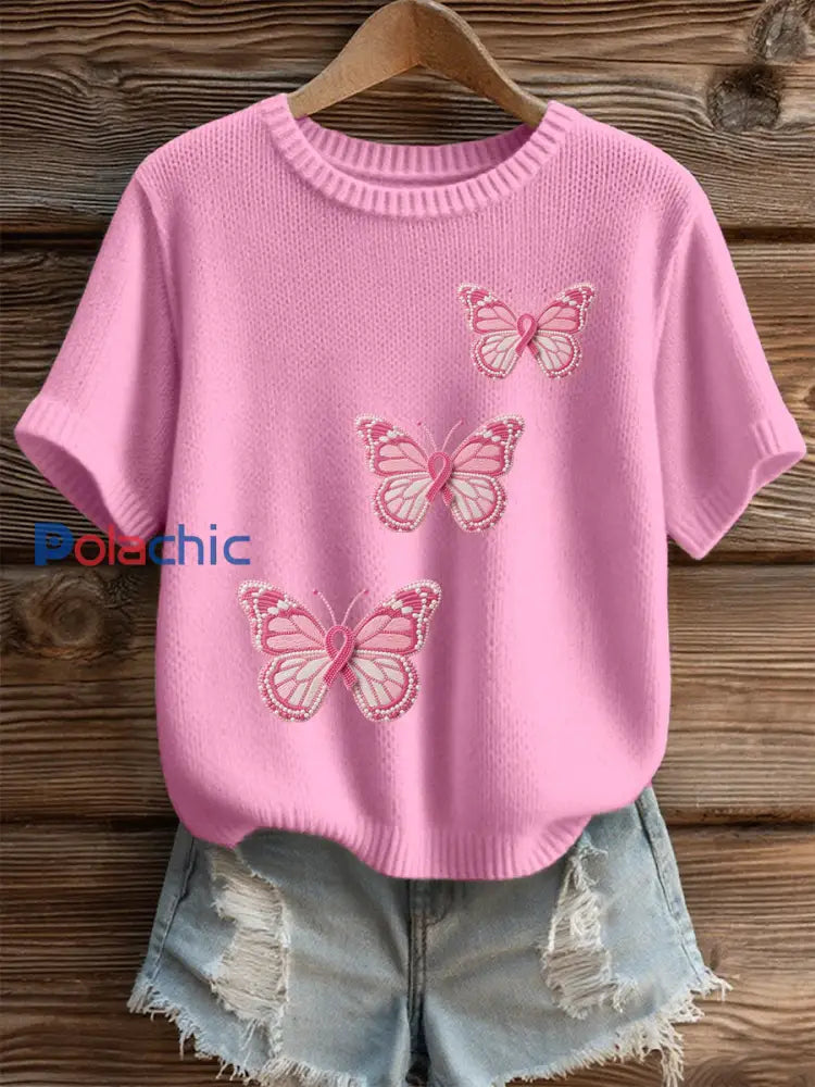 T shirt décontracté à imprimé papillon rose pour femmes Rose / S