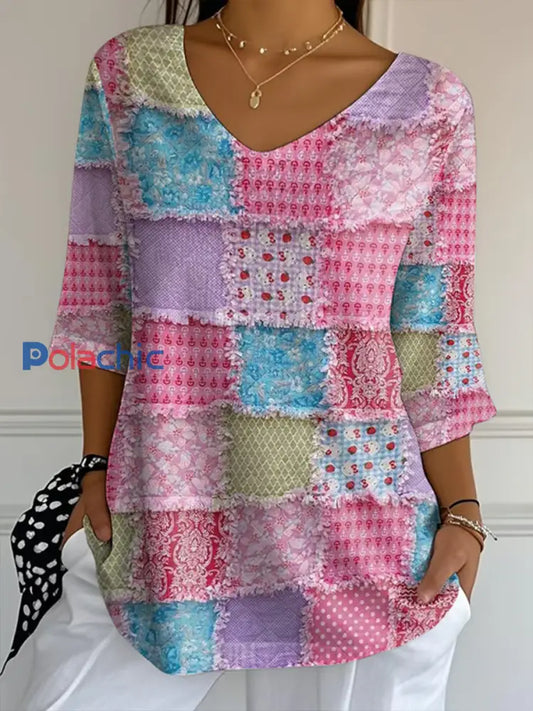 T-shirt décontracté à imprimé patchwork rose pour femmes comme image / S
