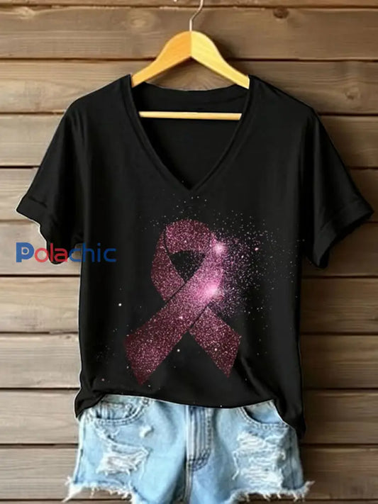 T-shirt décontracté à imprimé sensibilisation au cancer du sein pour femmes Noir / S