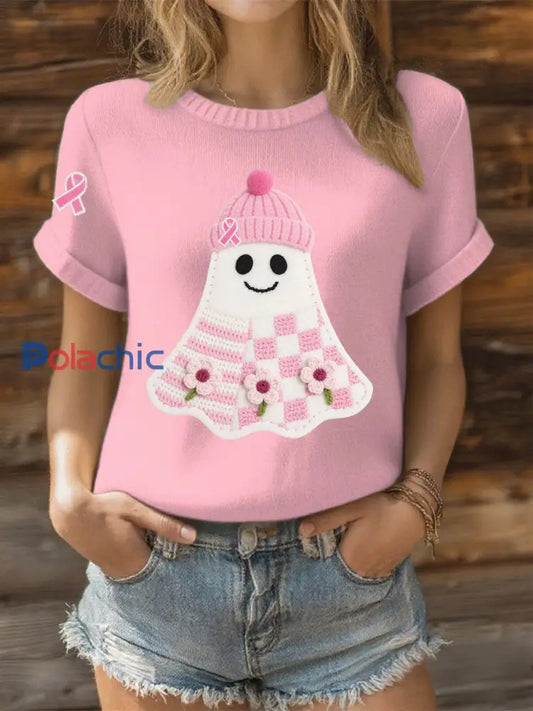 T shirt décontracté à imprimé sensibilisation au cancer du sein pour femmes Rose clair / S