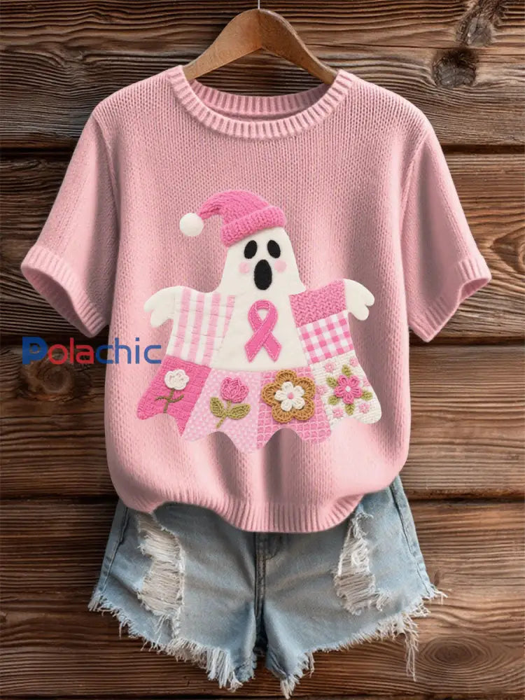 T shirt décontracté à imprimé sensibilisation au cancer du sein pour femmes rose clair / S