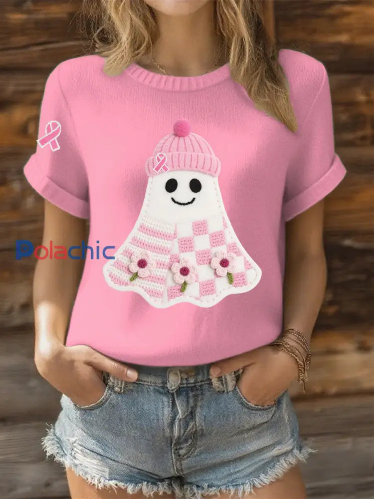 T shirt décontracté à imprimé sensibilisation au cancer du sein pour femmes Rose / S