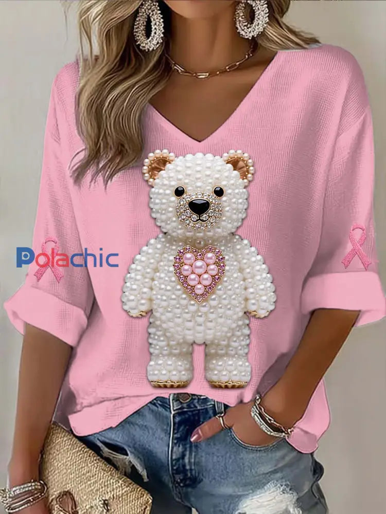 T shirt décontracté à manches longues en coton avec impression de cancer du sein perle ours d’amour vintage Rose / S