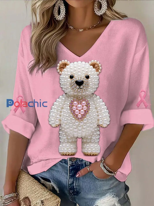 T shirt décontracté à manches longues en coton avec impression de cancer du sein perle ours d’amour vintage Rose / S
