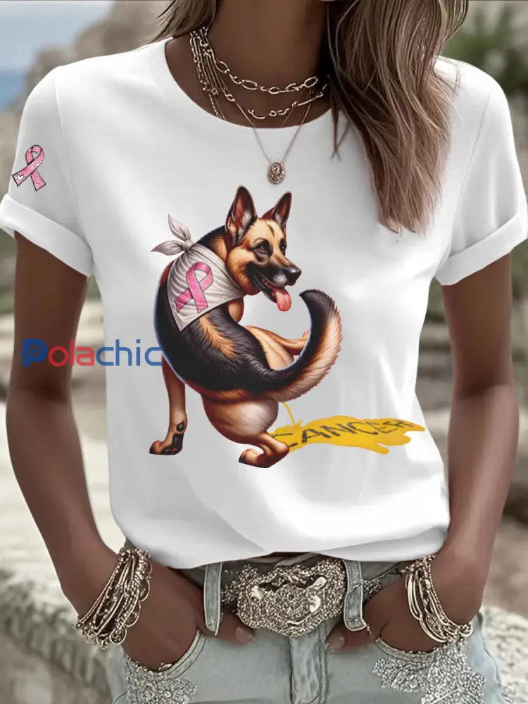 T shirt Décontracté Chien Rose Imprimé Blanc / S