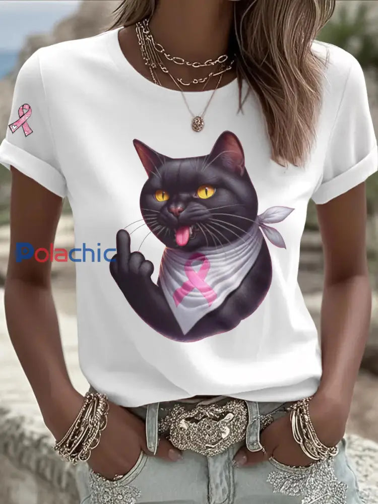 T shirt Décontracté Femme Chat Rose Ruban Imprimé Blanc / S