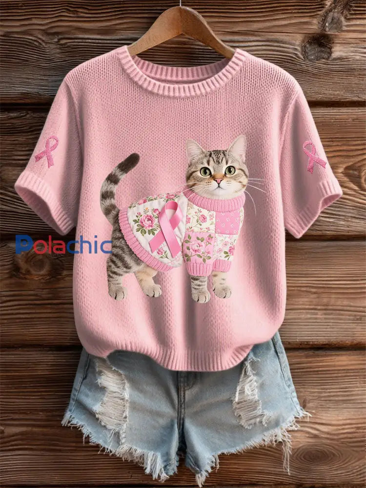 T shirt Décontracté Femme Chat Rose Ruban Imprimé rose clair / S