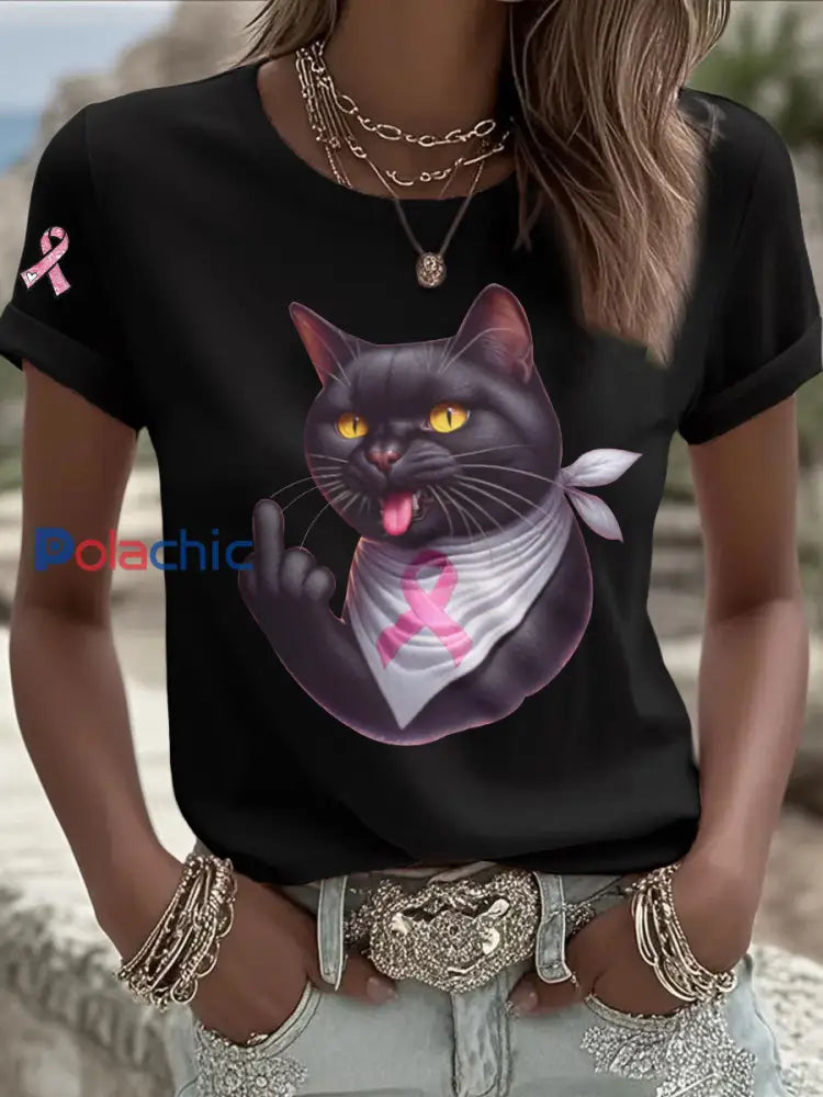 T shirt Décontracté Femme Chat Rose Ruban Imprimé Noir / S