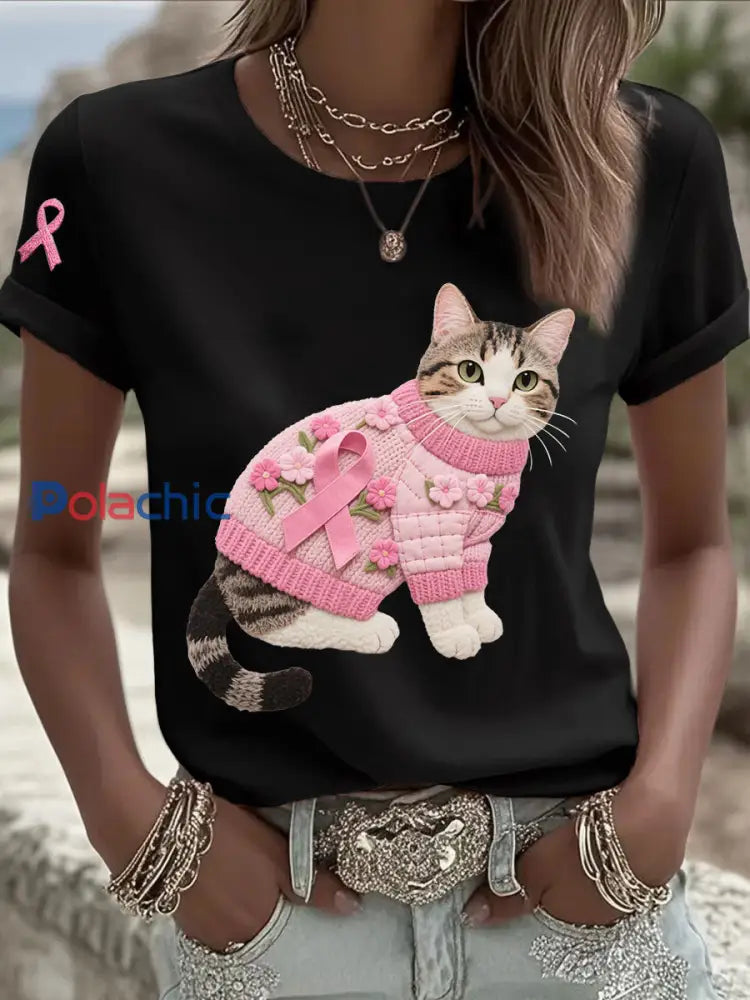 T shirt Décontracté Femme Chat Rose Ruban Imprimé Noir / S