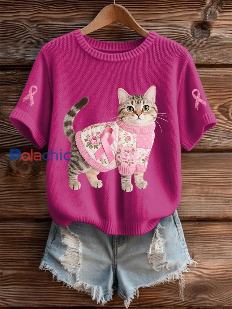 T shirt Décontracté Femme Chat Rose Ruban Imprimé rose rouge / S