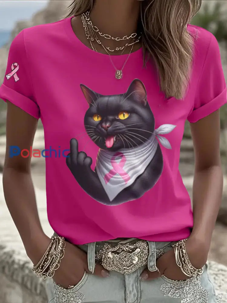 T shirt Décontracté Femme Chat Rose Ruban Imprimé Rose Rouge / S