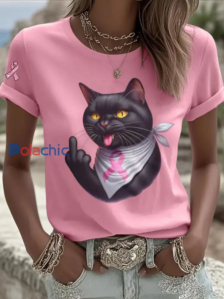 T shirt Décontracté Femme Chat Rose Ruban Imprimé Rose / S