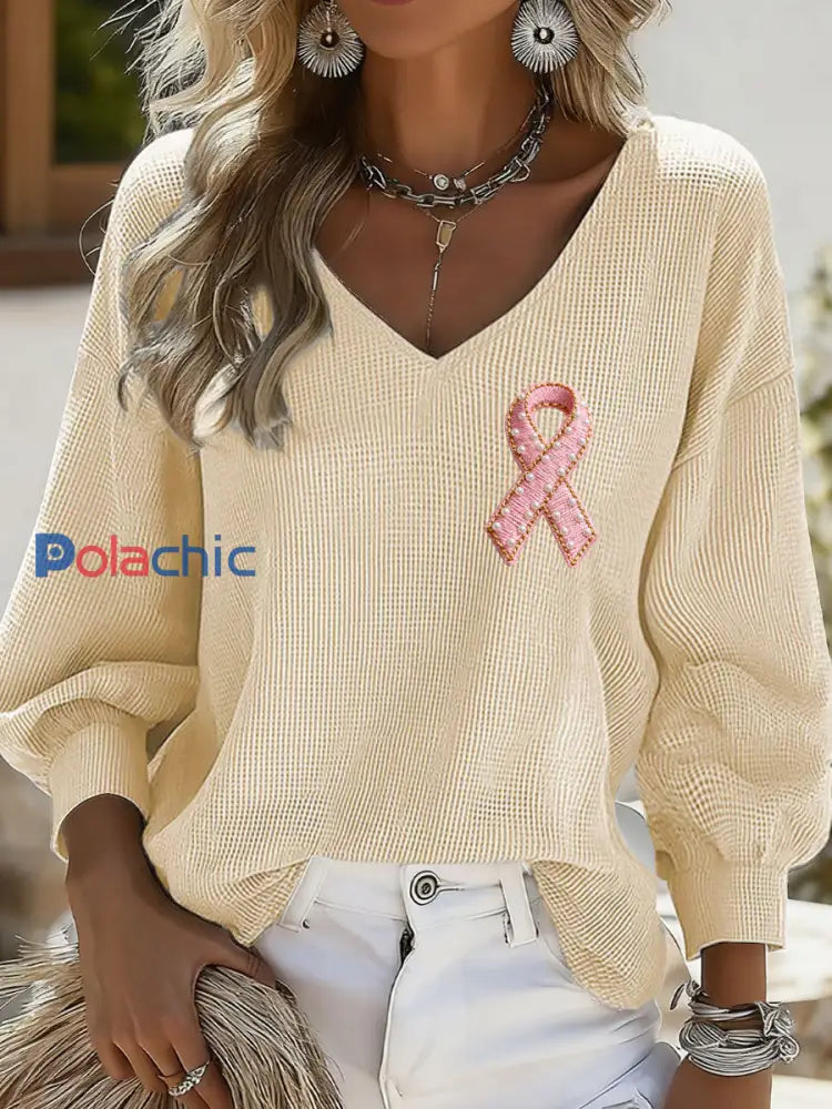 T-shirt Décontracté Femme Imprimé Ruban Rose Abricot / S
