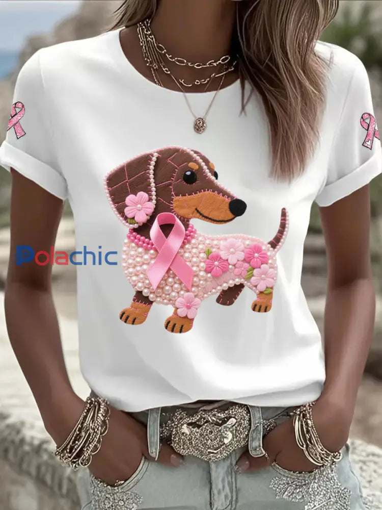 T-shirt Décontracté Femme Imprimé Ruban Rose Blanc / S