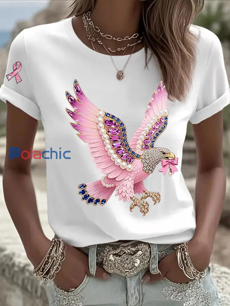 T shirt Décontracté Femme Imprimé Ruban Rose Blanc / S