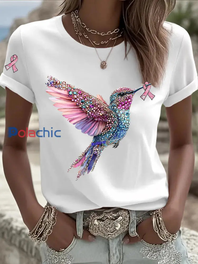 T-shirt Décontracté Femme Imprimé Ruban Rose Blanc / S