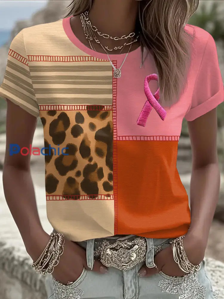 T-shirt Décontracté Femme Imprimé Ruban Rose comme image / S