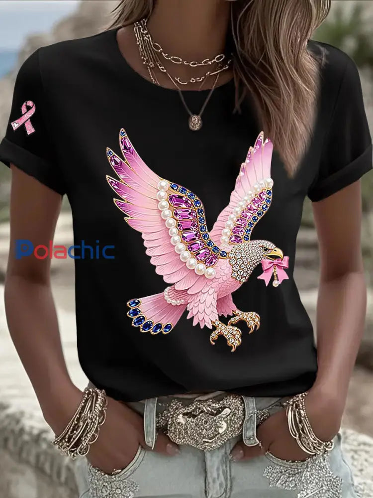 T shirt Décontracté Femme Imprimé Ruban Rose Noir / S