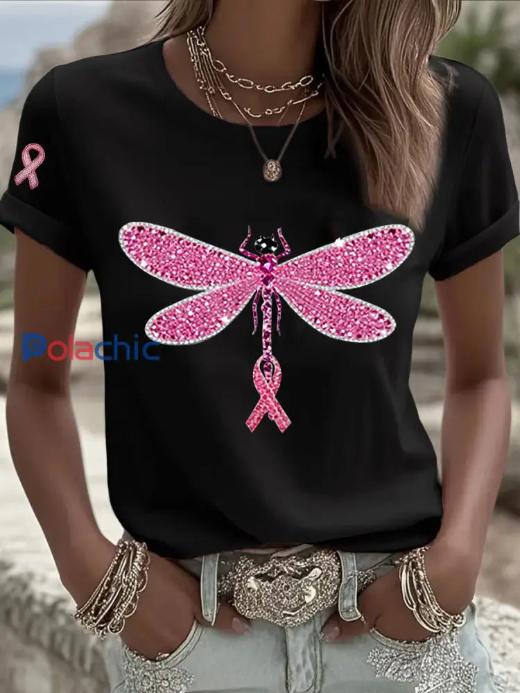 T shirt Décontracté Femme Imprimé Ruban Rose Noir / S