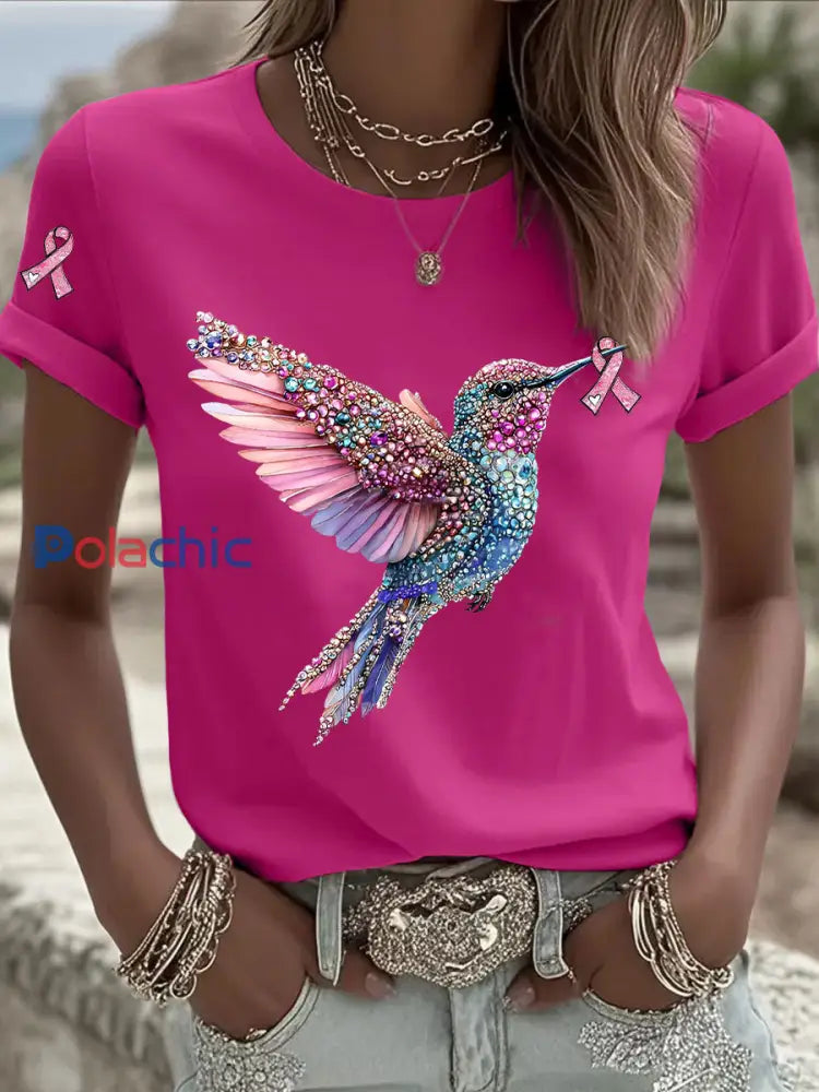 T-shirt Décontracté Femme Imprimé Ruban Rose Rose Rouge / S