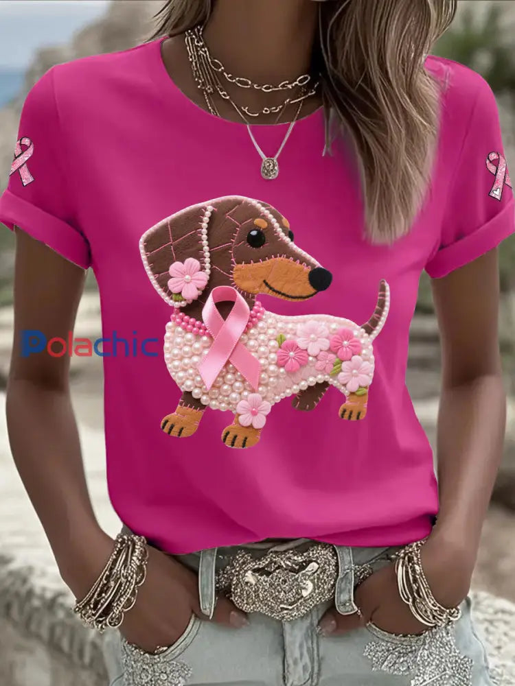 T-shirt Décontracté Femme Imprimé Ruban Rose Rose Rouge / S