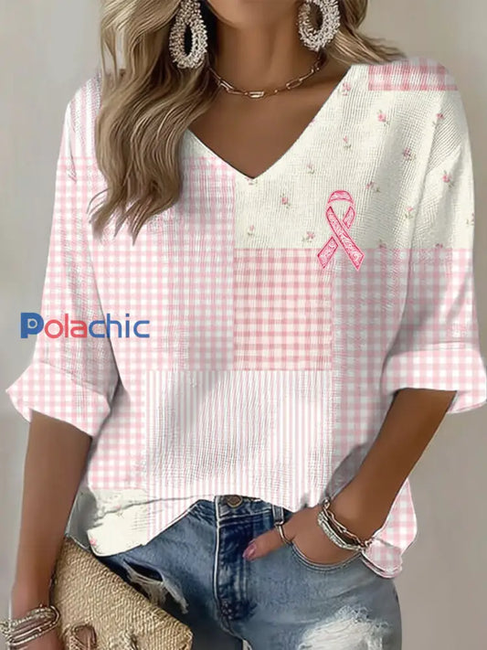 T-shirt Décontracté Femme Rose Cancer Du Sein Imprimé comme image / S