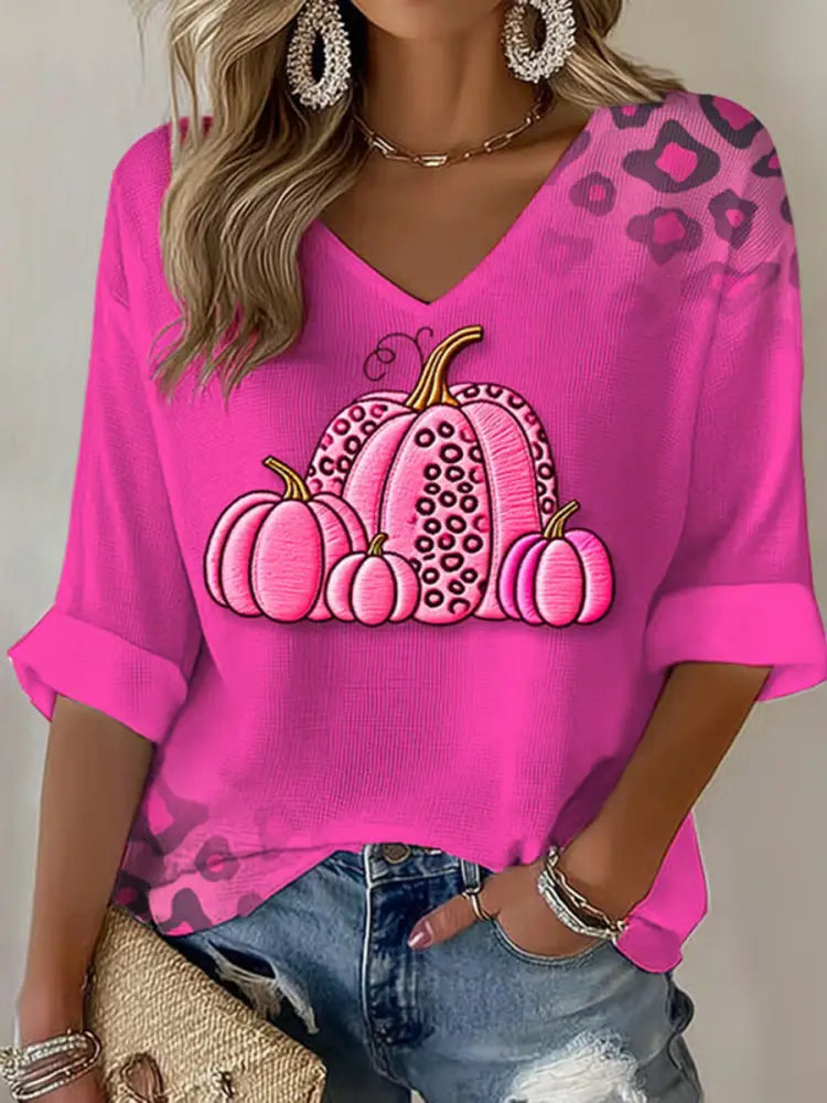 T-shirt Décontracté Femme Rose Citrouille Imprimé Cancer Du Sein Rose Rouge / S