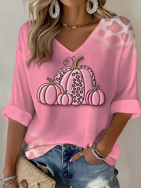 T-shirt Décontracté Femme Rose Citrouille Imprimé Cancer Du Sein Rose / S