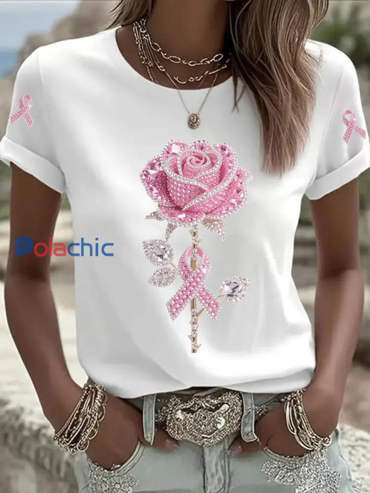 T shirt Décontracté Femme Rose Imprimé Floral Blanc / S