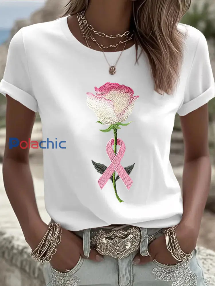 T-shirt Décontracté Femme Rose Imprimé Floral Blanc / S